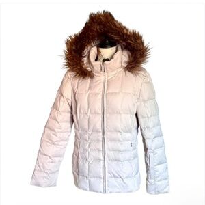 CALVIN KLEIN JACKET CREAM PUFFER VELOUR FLEECE LINED TORSO FAUX FUR HOOD SIZE MD